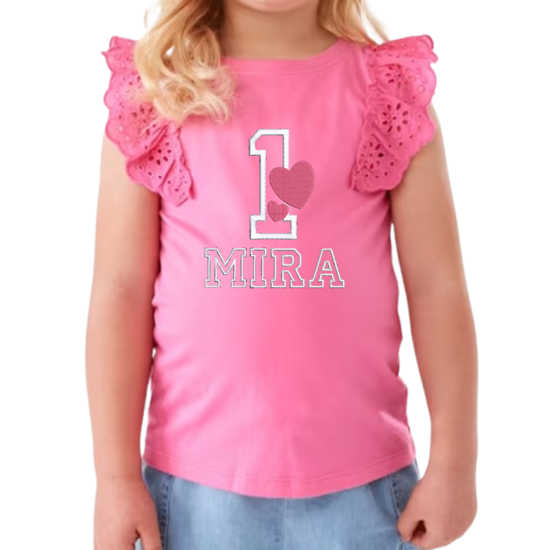Custom Birthday Broderie Frill Sleeve T-shirt