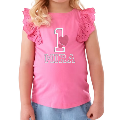 Custom Birthday Broderie Frill Sleeve T-shirt