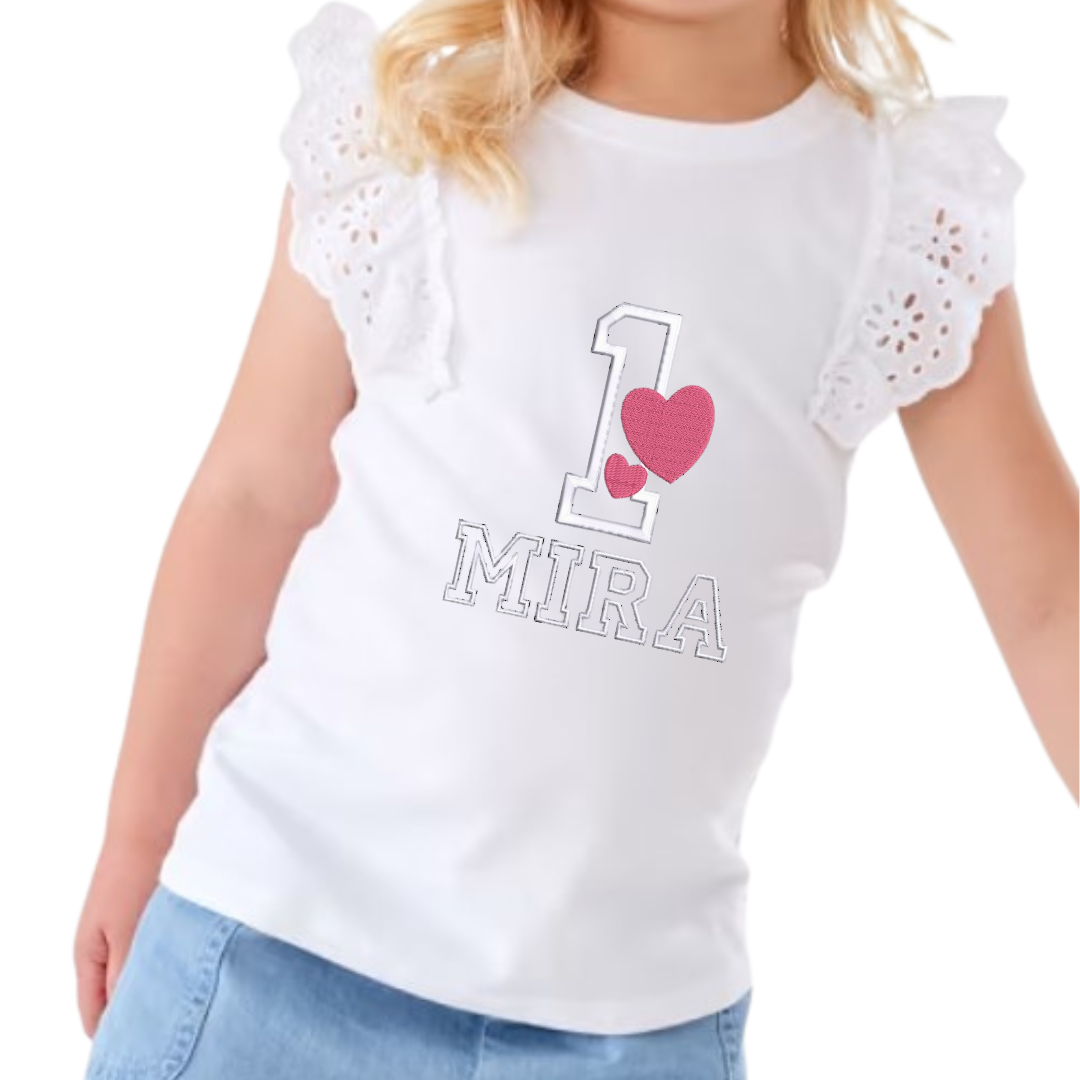 Custom Birthday Broderie Frill Sleeve T-shirt